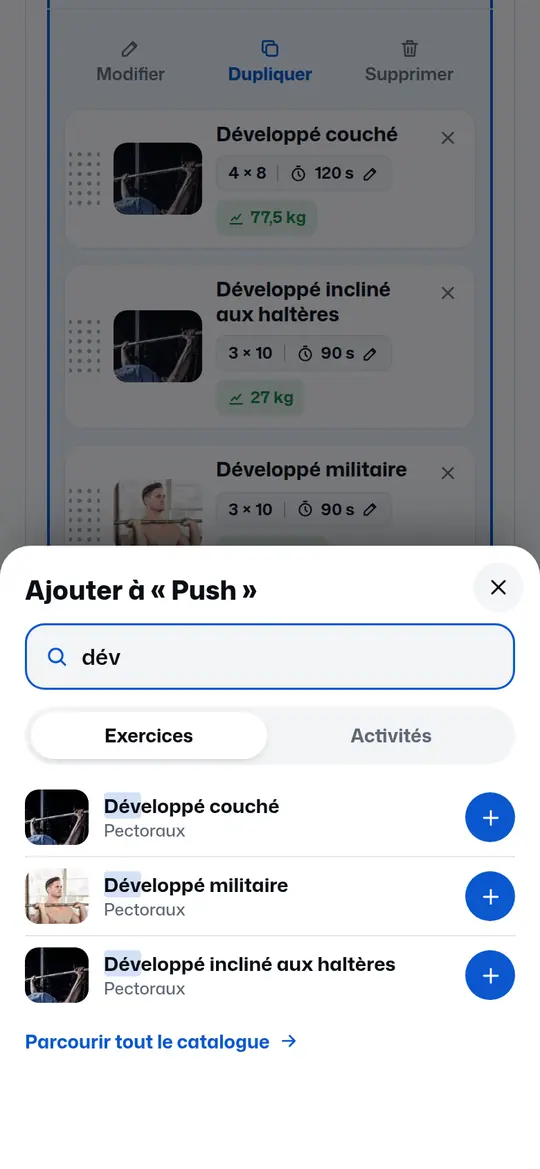 Ajouter un exercice : recherche « dév » dans le catalogue