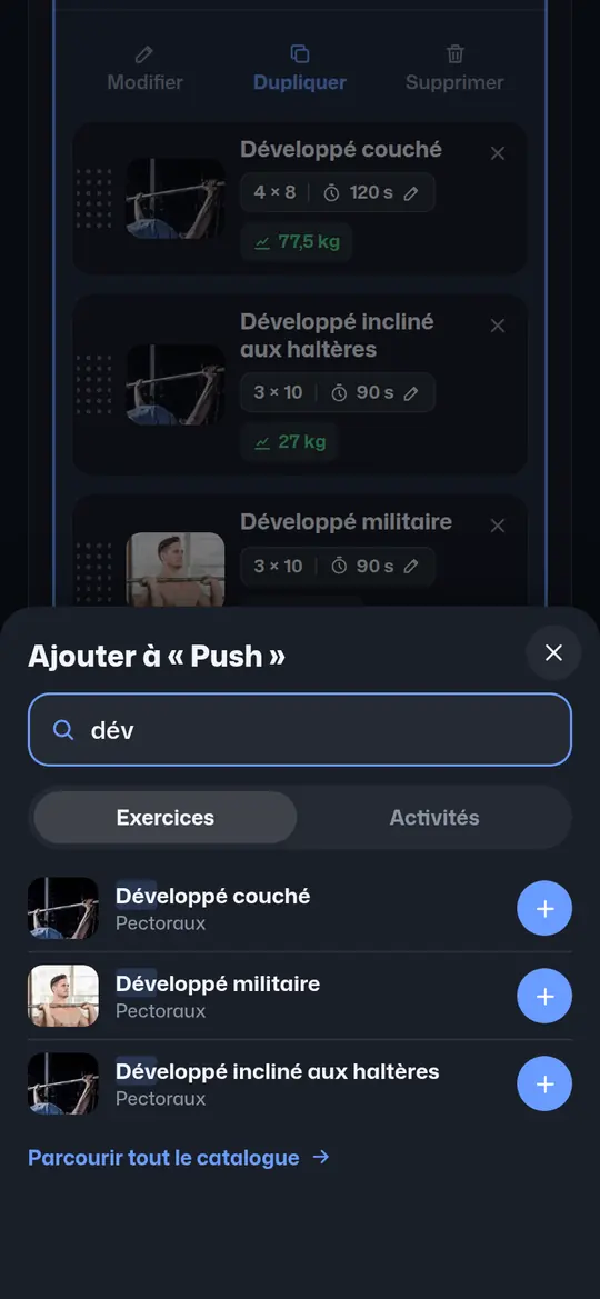 Ajouter un exercice : recherche « dév » dans le catalogue