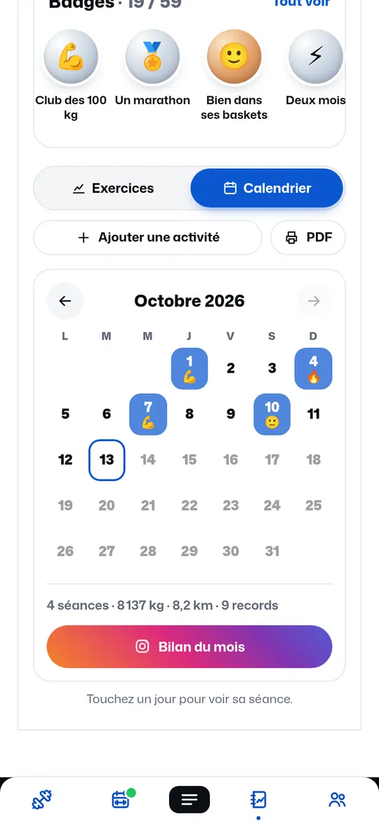 Calendrier du mois et bouton Bilan du mois