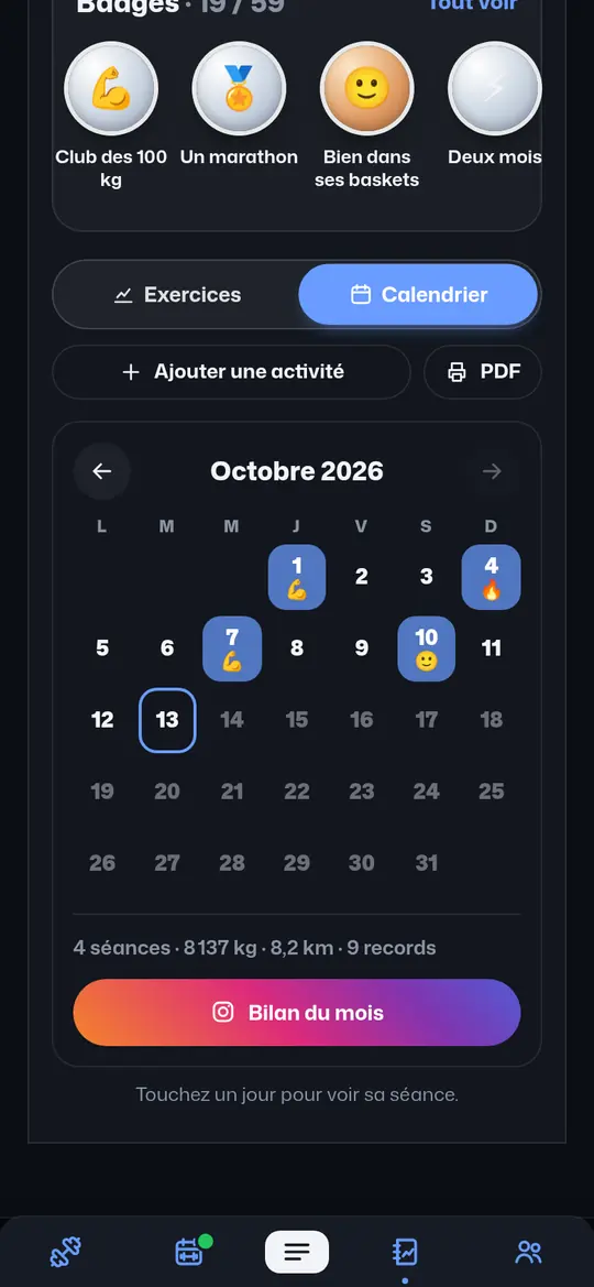 Calendrier du mois et bouton Bilan du mois