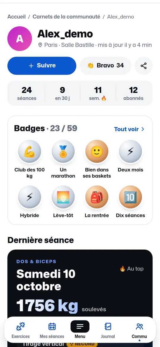 Carnet public d’un lecteur : séances, abonnés, badges