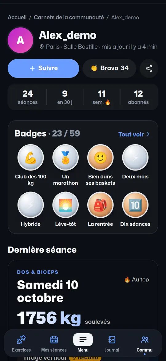 Carnet public d’un lecteur : séances, abonnés, badges