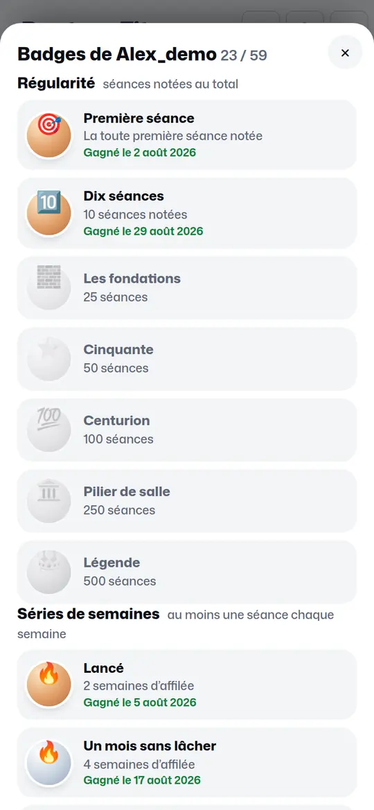 Badges d’un carnet public, par famille