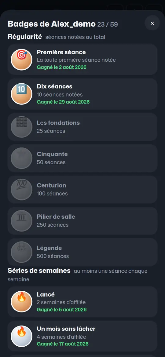 Badges d’un carnet public, par famille