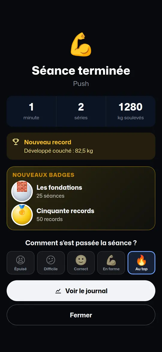 Séance terminée : nouveau record et nouveaux badges