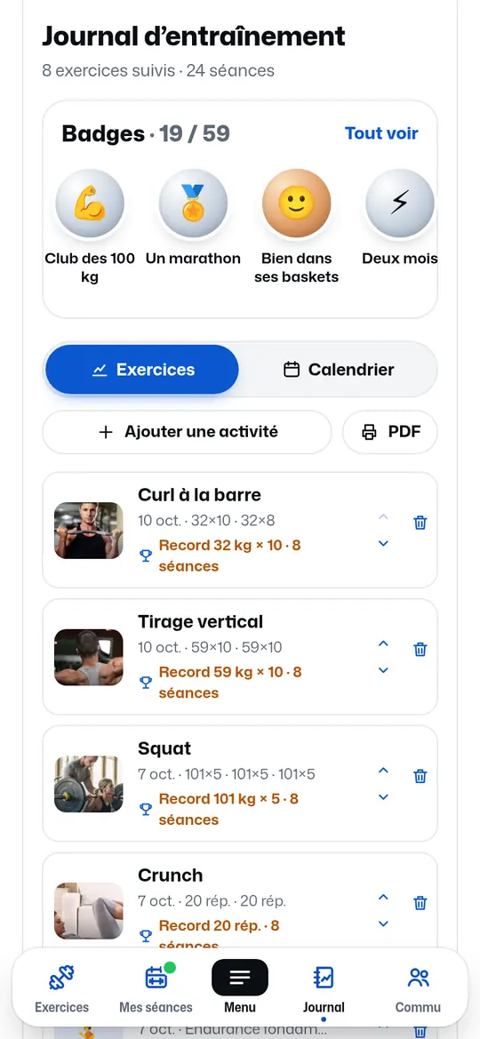 Journal d’entraînement : badges et exercices suivis