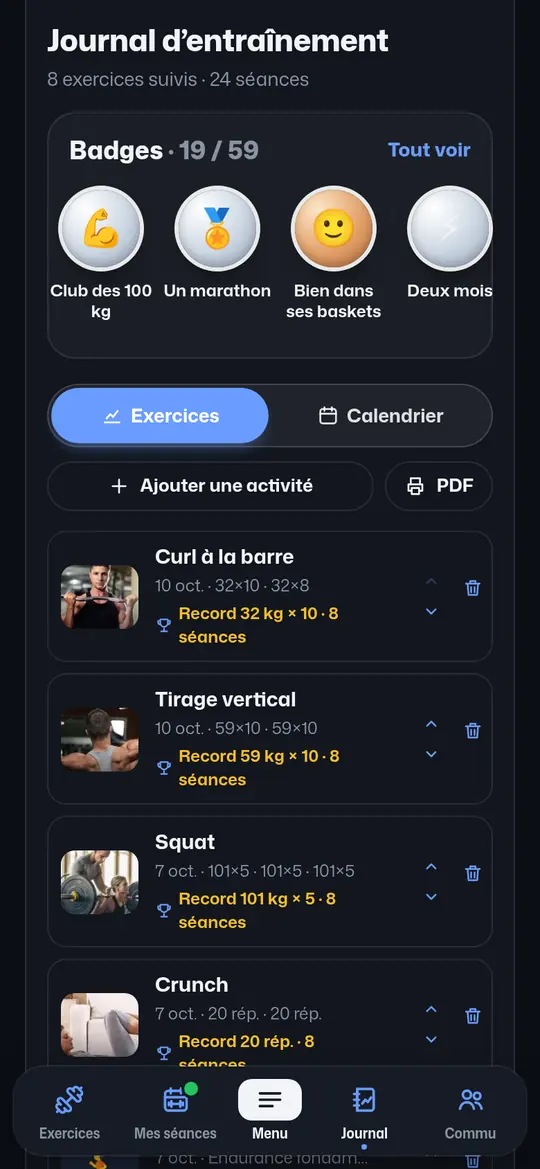 Journal d’entraînement : badges et exercices suivis