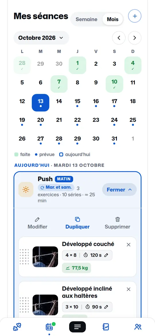 Mes séances : vue Mois, jours faits et prévus