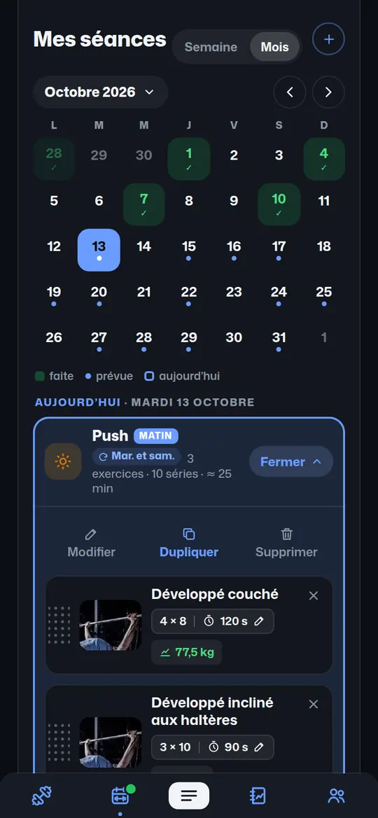 Mes séances : vue Mois, jours faits et prévus
