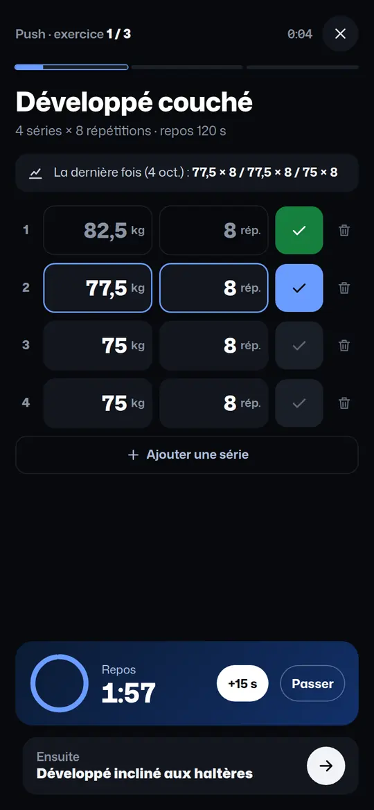 Mode salle : minuteur de repos après la première série