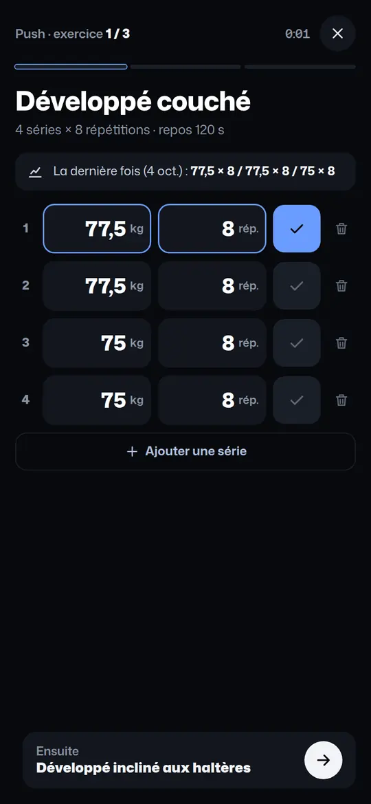 Mode salle : les séries du développé couché, charges déjà remplies
