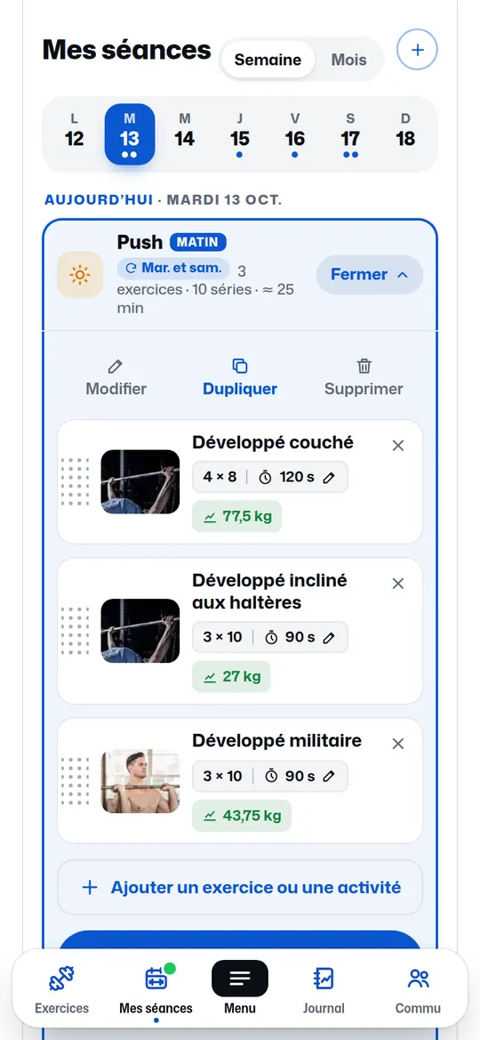 Mes séances : la semaine, avec la séance Push du jour